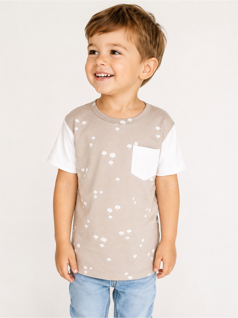 Little & Lively Boys Taupe Mushroom Pocket Tee  / Bamboo Cotton Blend Small Shop